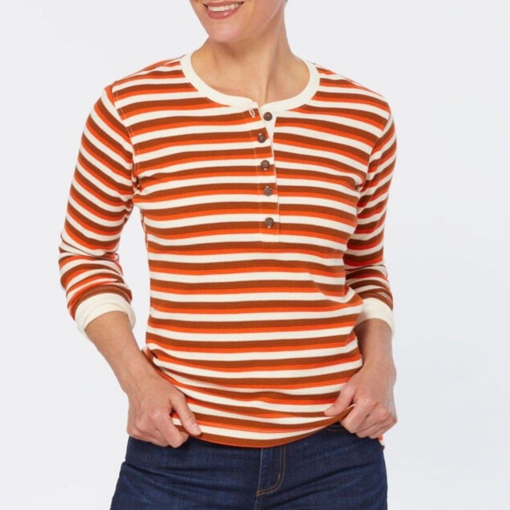 Duluth Trading Henley Shirt Red White Women Size XS Ribbed LS Thermal Buttons